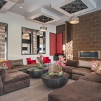 a large room with a fireplace